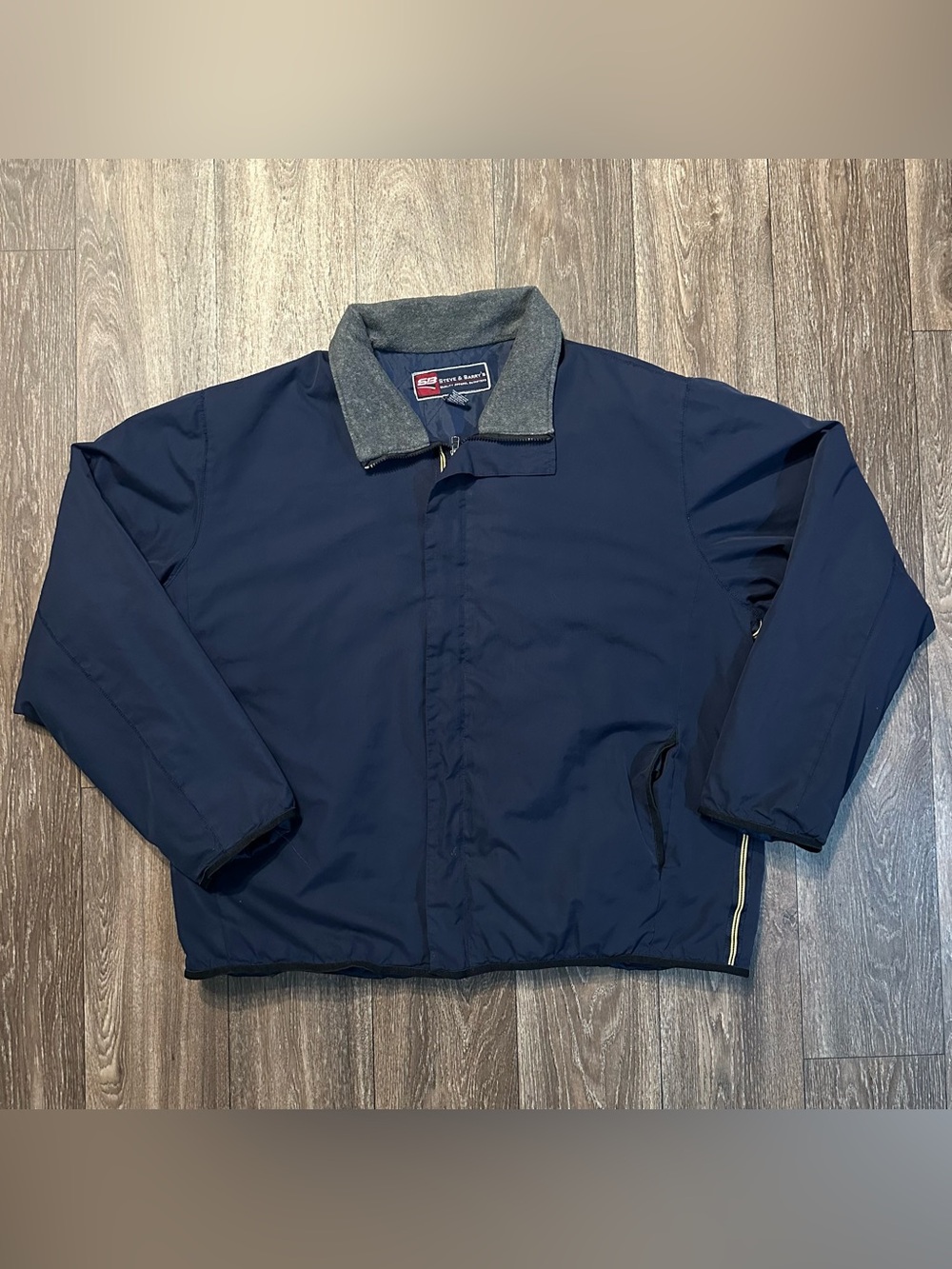 Vintage Steve and Barry’s navy blue with yellow stripe lightweight jacket Sz XXL